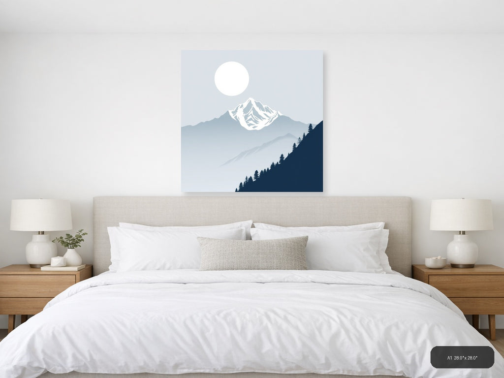 Snow-Capped Mountain Moon Night Sky | Minimalist Landscape Wall Art — A1 (Bedroom)