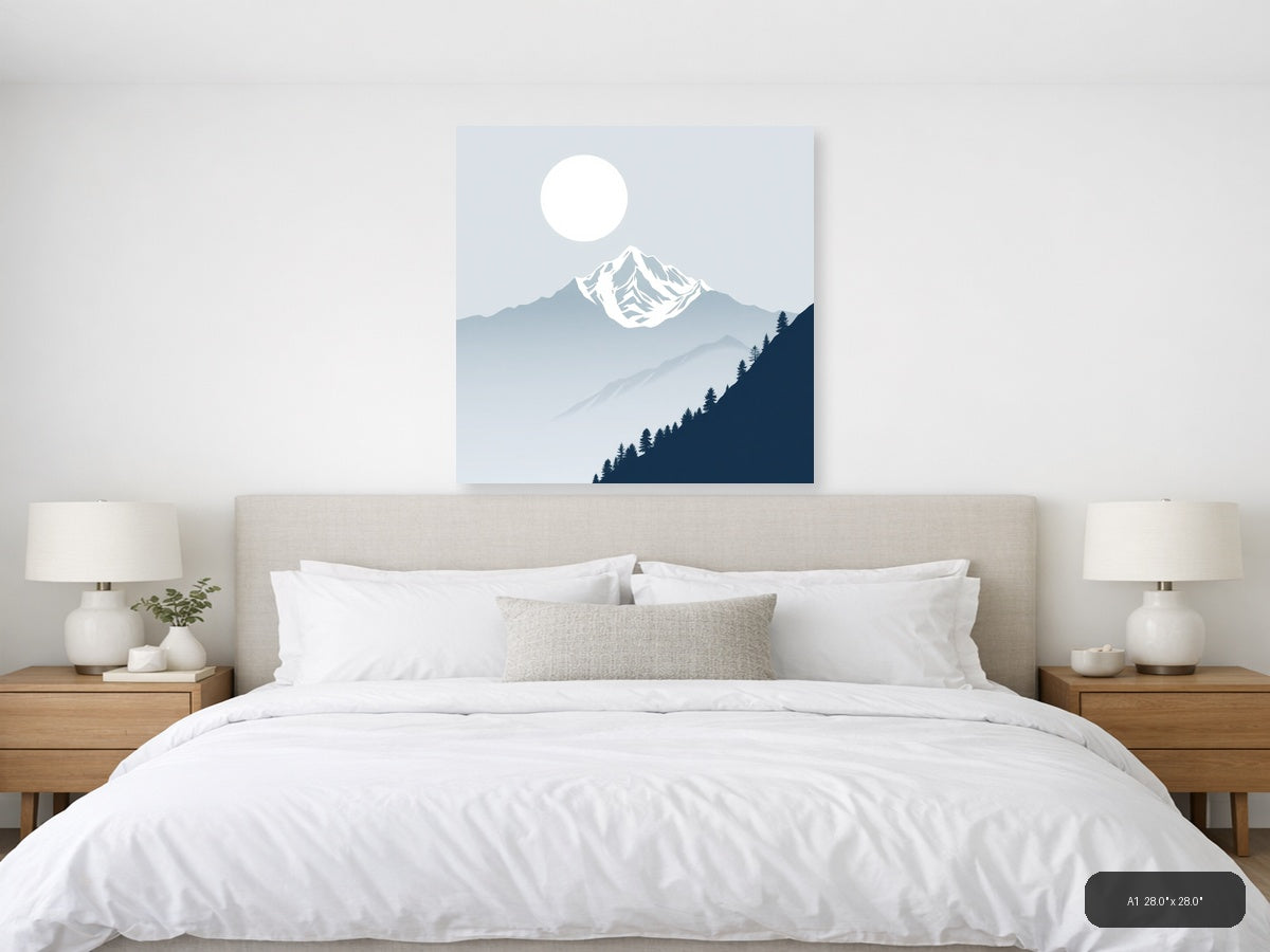 Snow-Capped Mountain Moon Night Sky | Minimalist Landscape Wall Art — A1 (Bedroom)