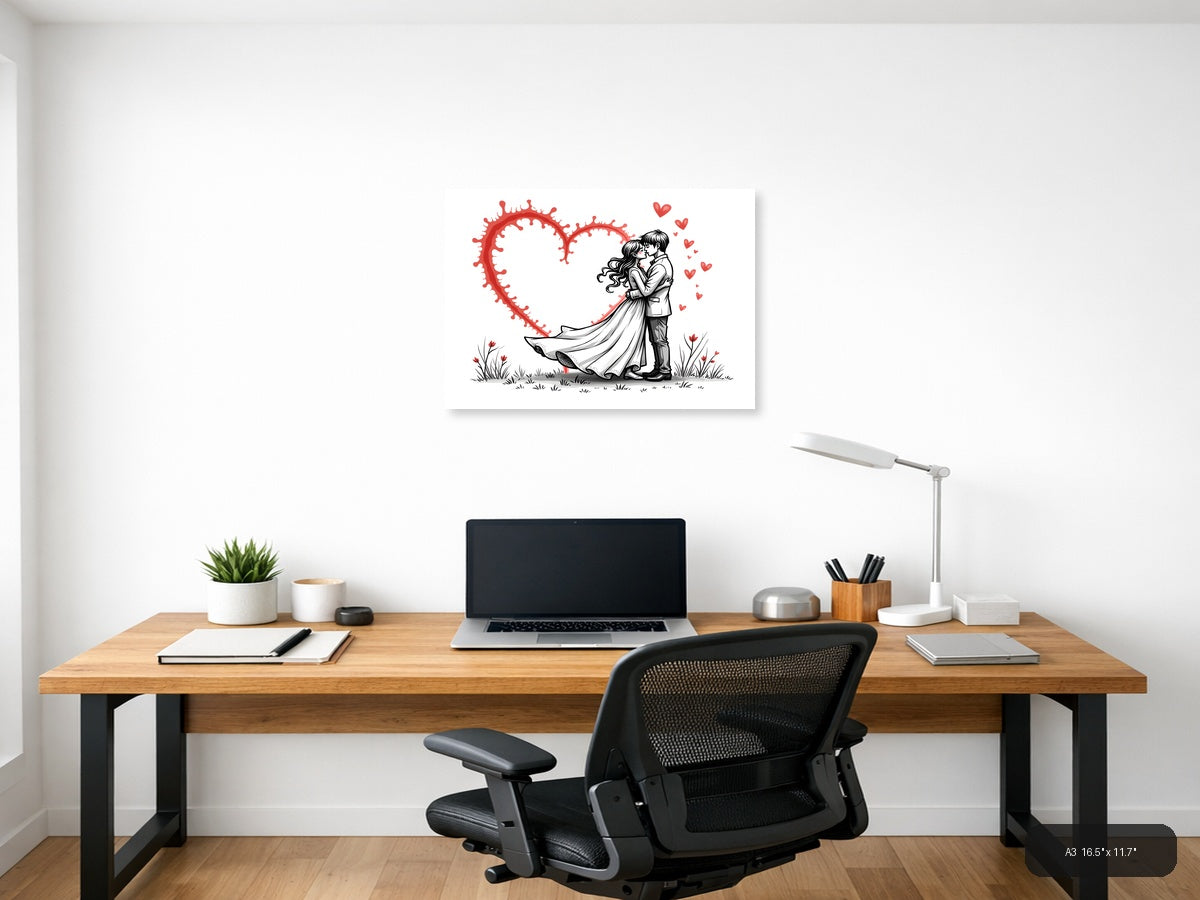 Couple Kissing Red Heart Line Art Wall Art — A3 / Office