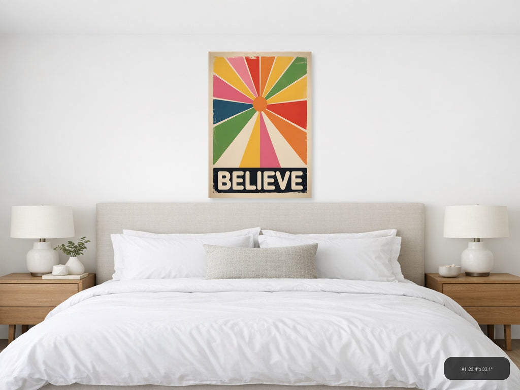 Vintage Believe Sunburst Motivational Wall Art — A1 / Bedroom