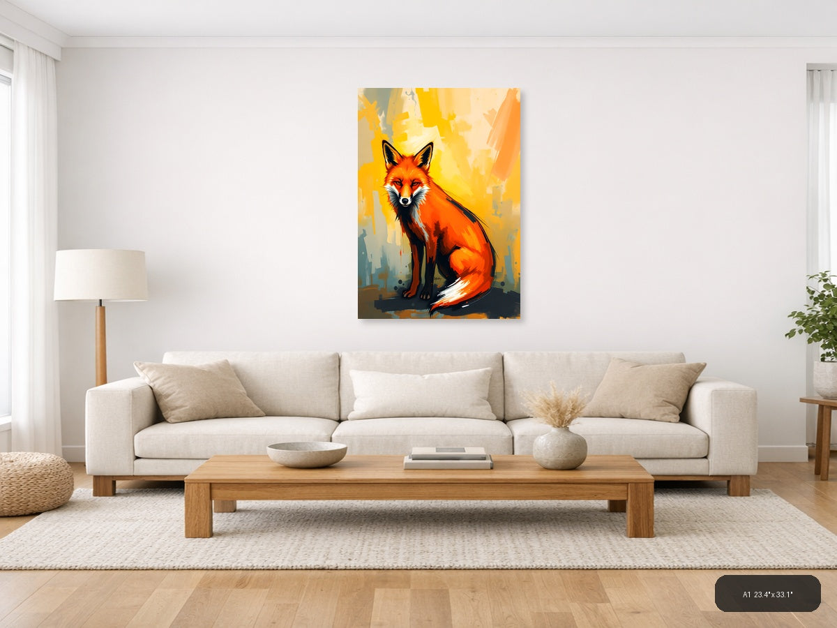 Abstract Red Fox Portrait Modern Yellow Wall Art — A1 / Living Room