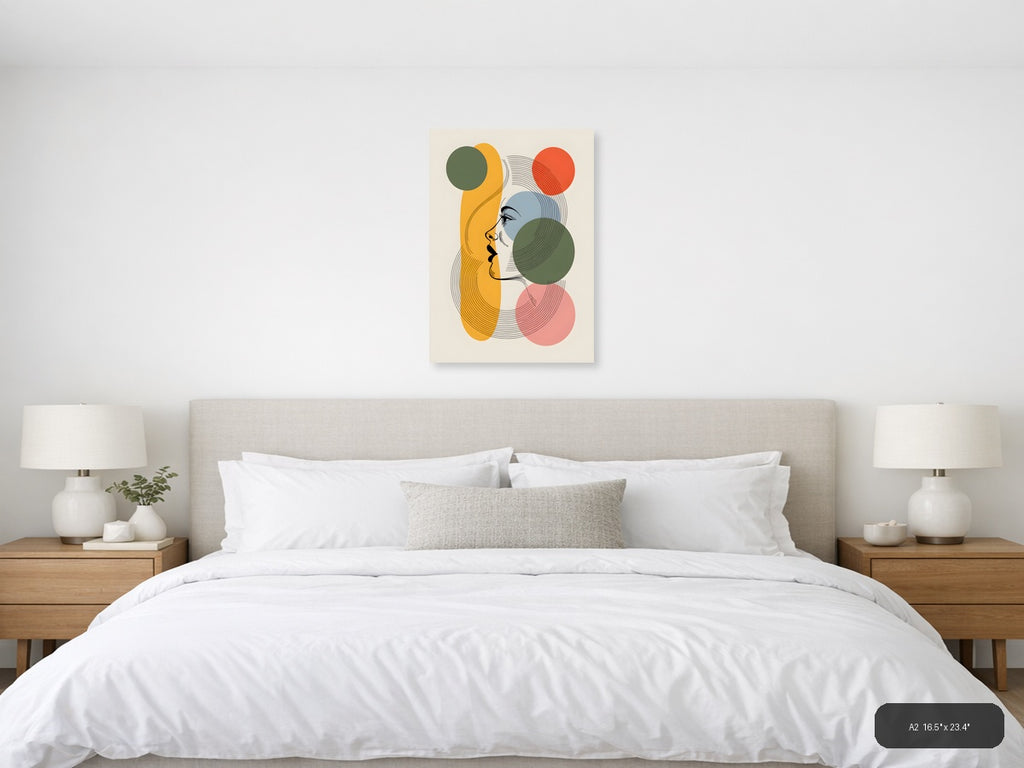 Abstract Line Art Portrait with Geometric Circles Wall Art — A2 / Bedroom