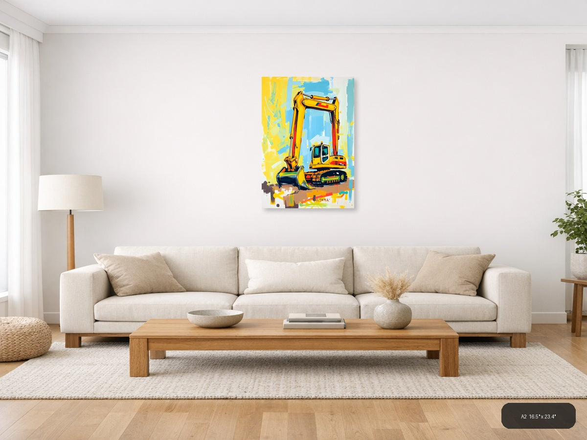 Yellow Excavator Abstract Construction Wall Art — A2 / Living Room