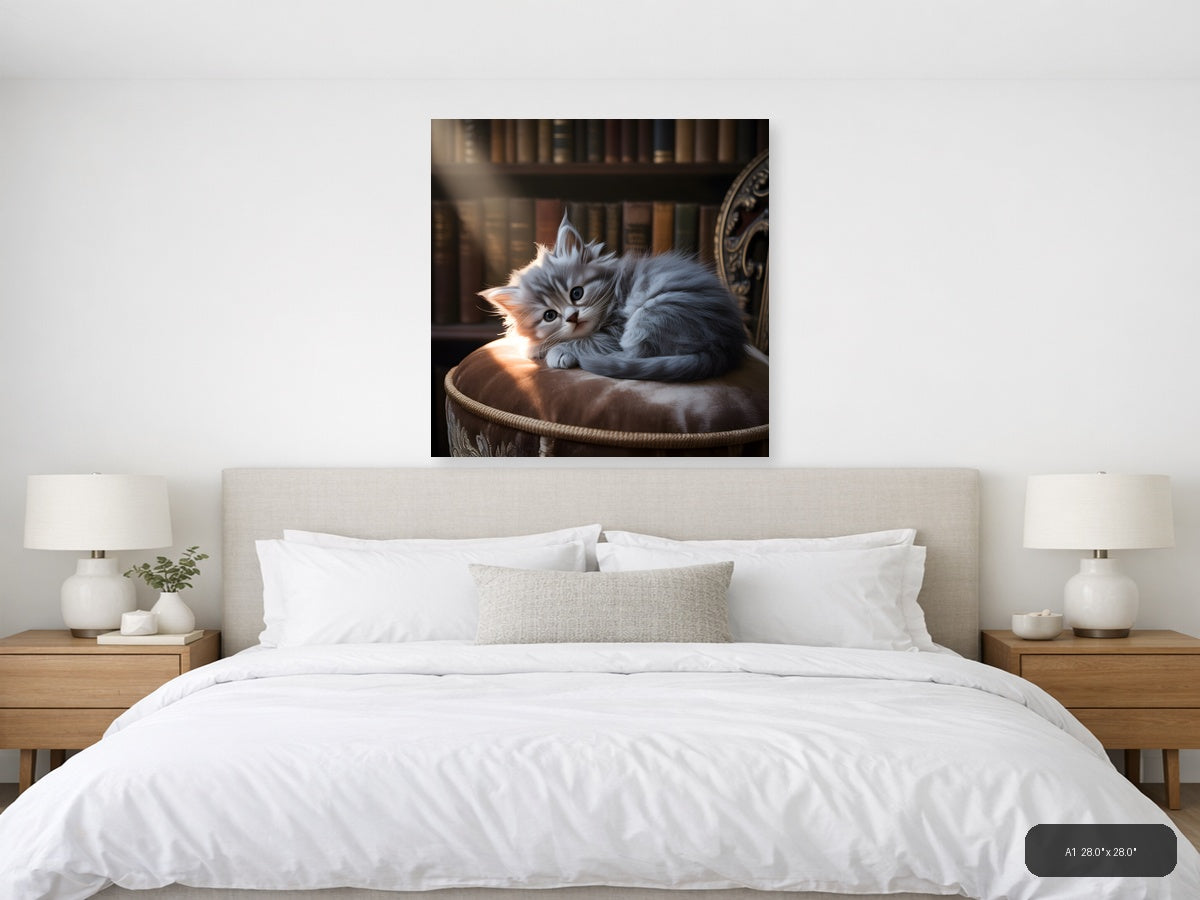 Fluffy Gray Kitten on Cushion Photography Wall Art — A1 / Bedroom