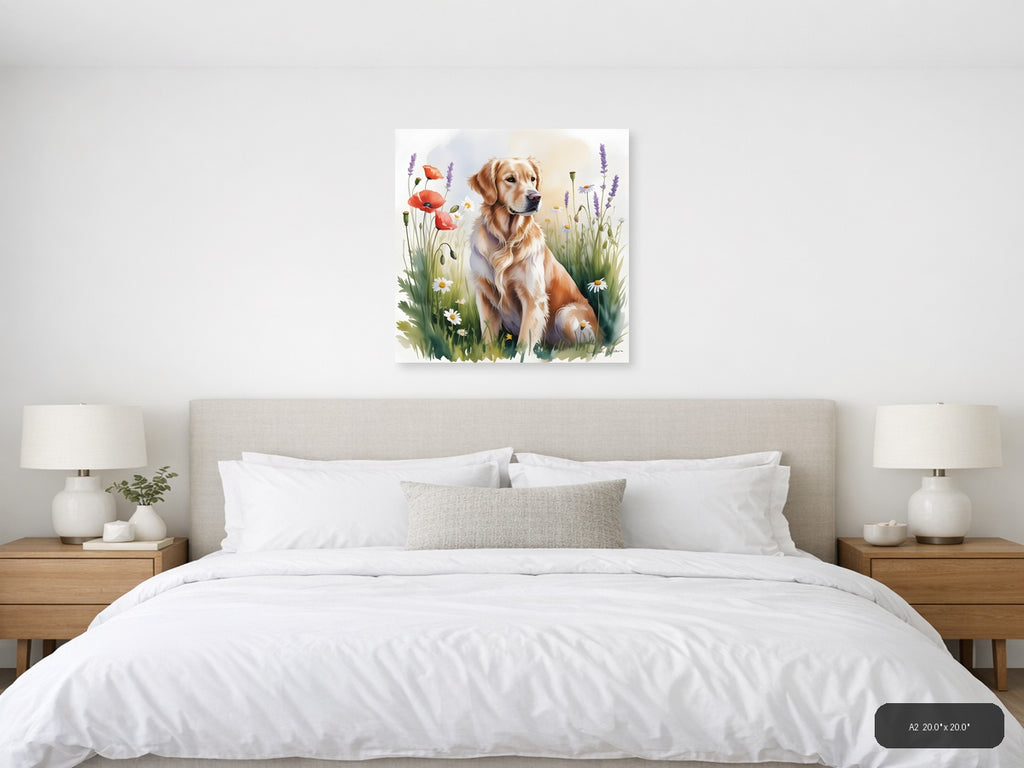 Golden Retriever in Wildflower Garden Watercolor Wall Art — A2 / Bedroom