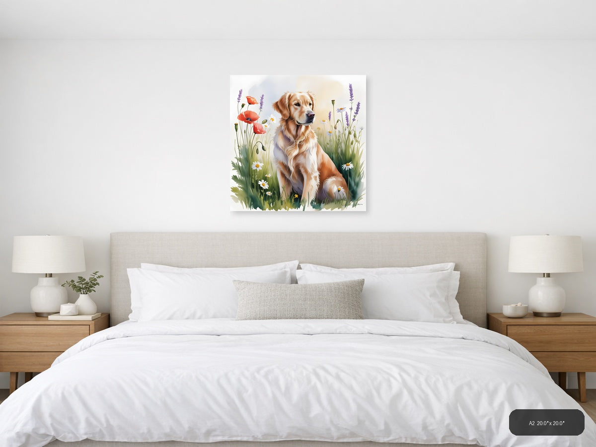 Golden Retriever in Wildflower Garden Watercolor Wall Art — A2 / Bedroom