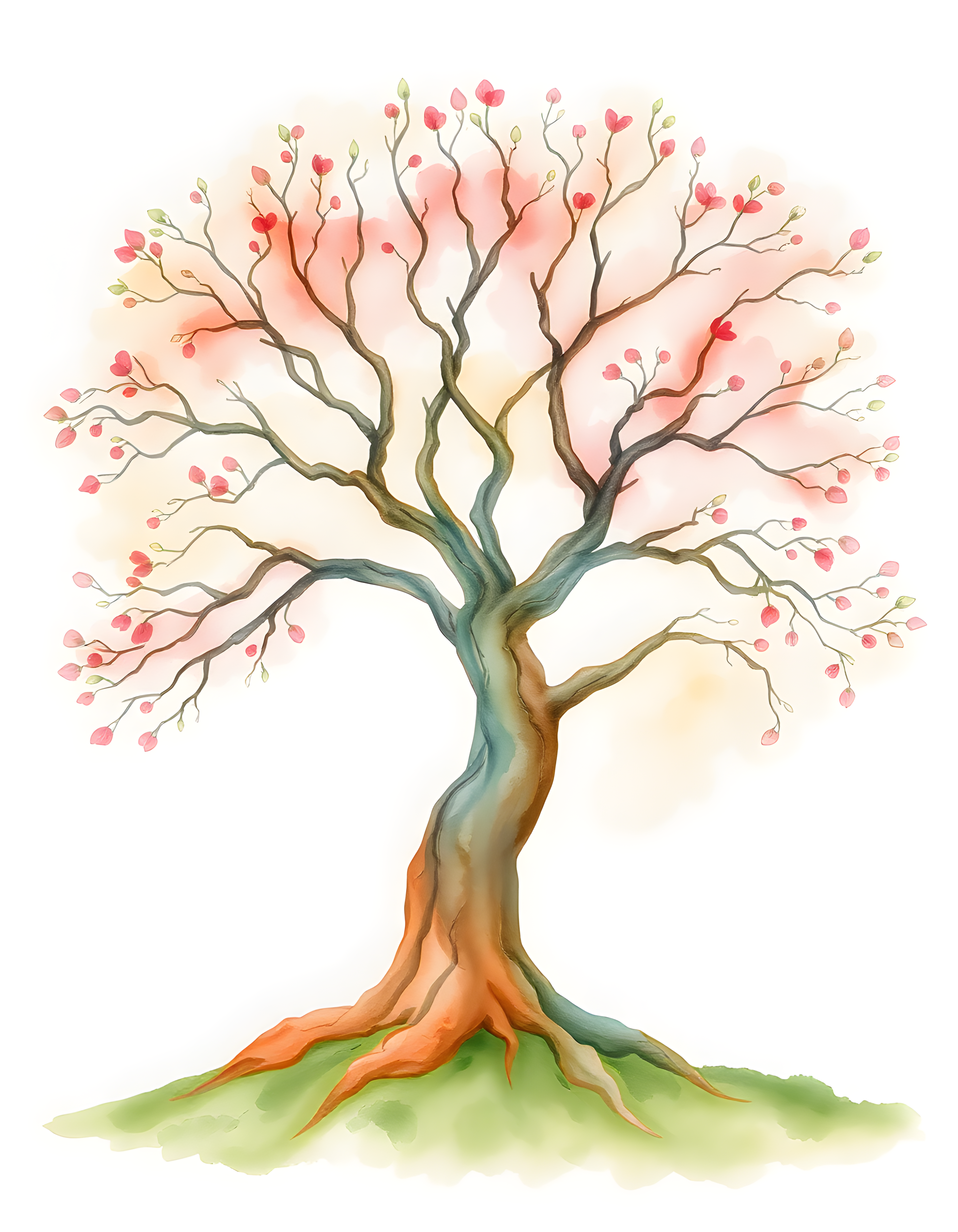 Watercolor Blossoming Tree with Pink Flowers Wall Art