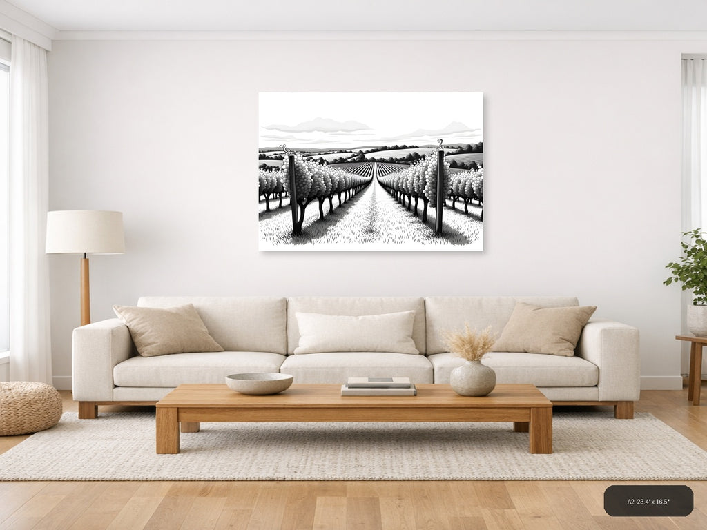 Vineyard Rows Line Art - Black & White Landscape Wall Art — A2 / Living Room
