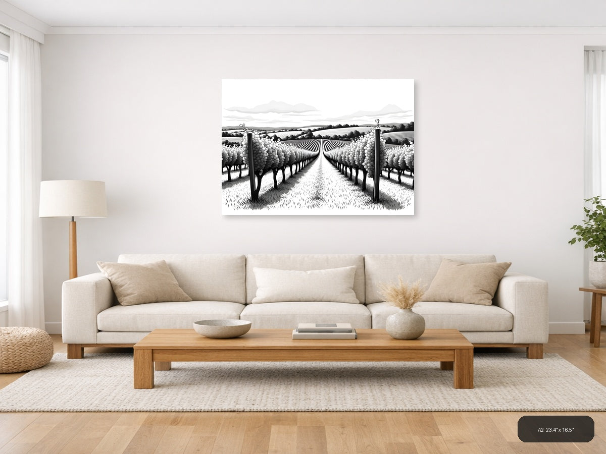 Vineyard Rows Line Art - Black & White Landscape Wall Art — A2 / Living Room