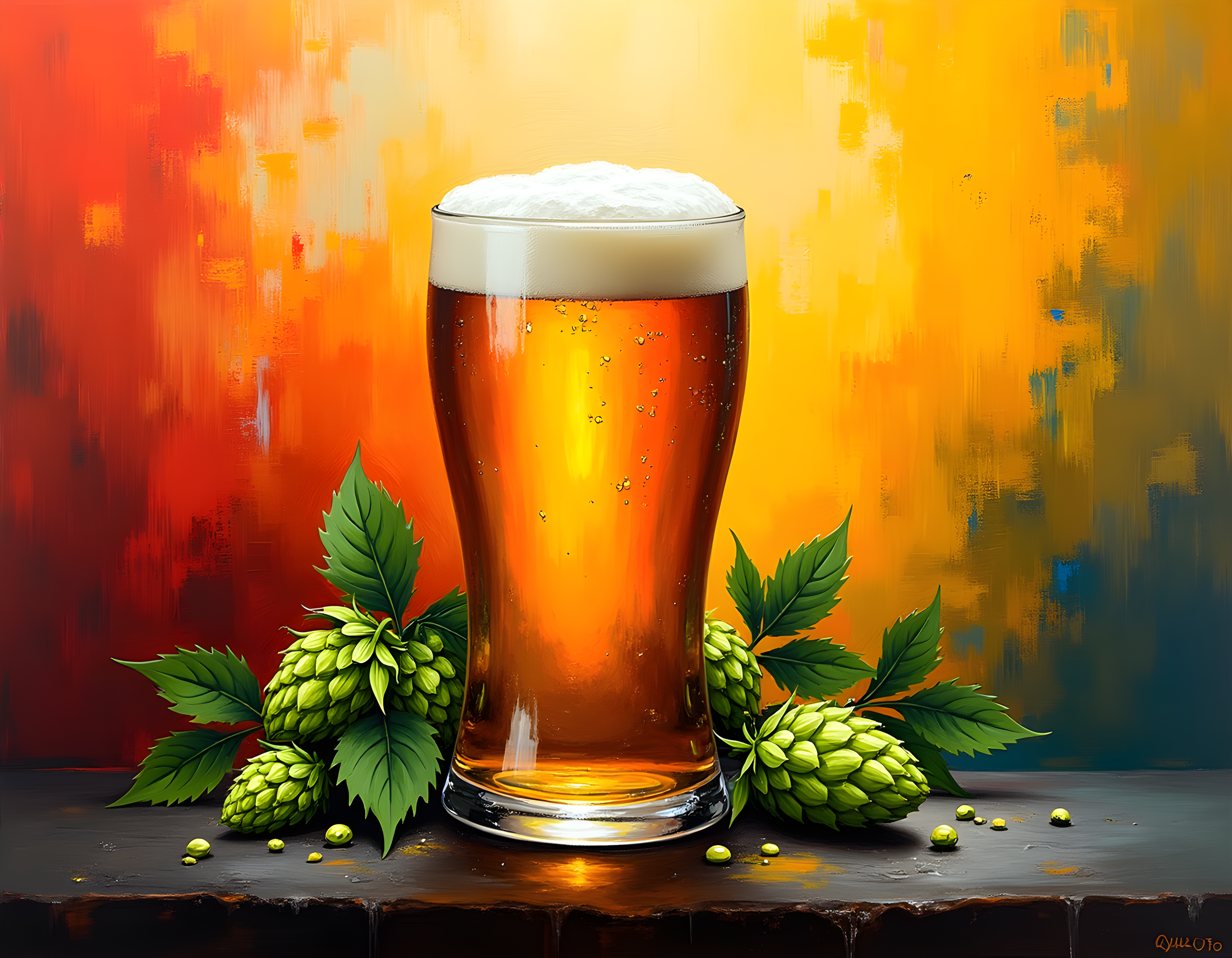 Beer Glass Hops Abstract Orange Yellow Wall Art