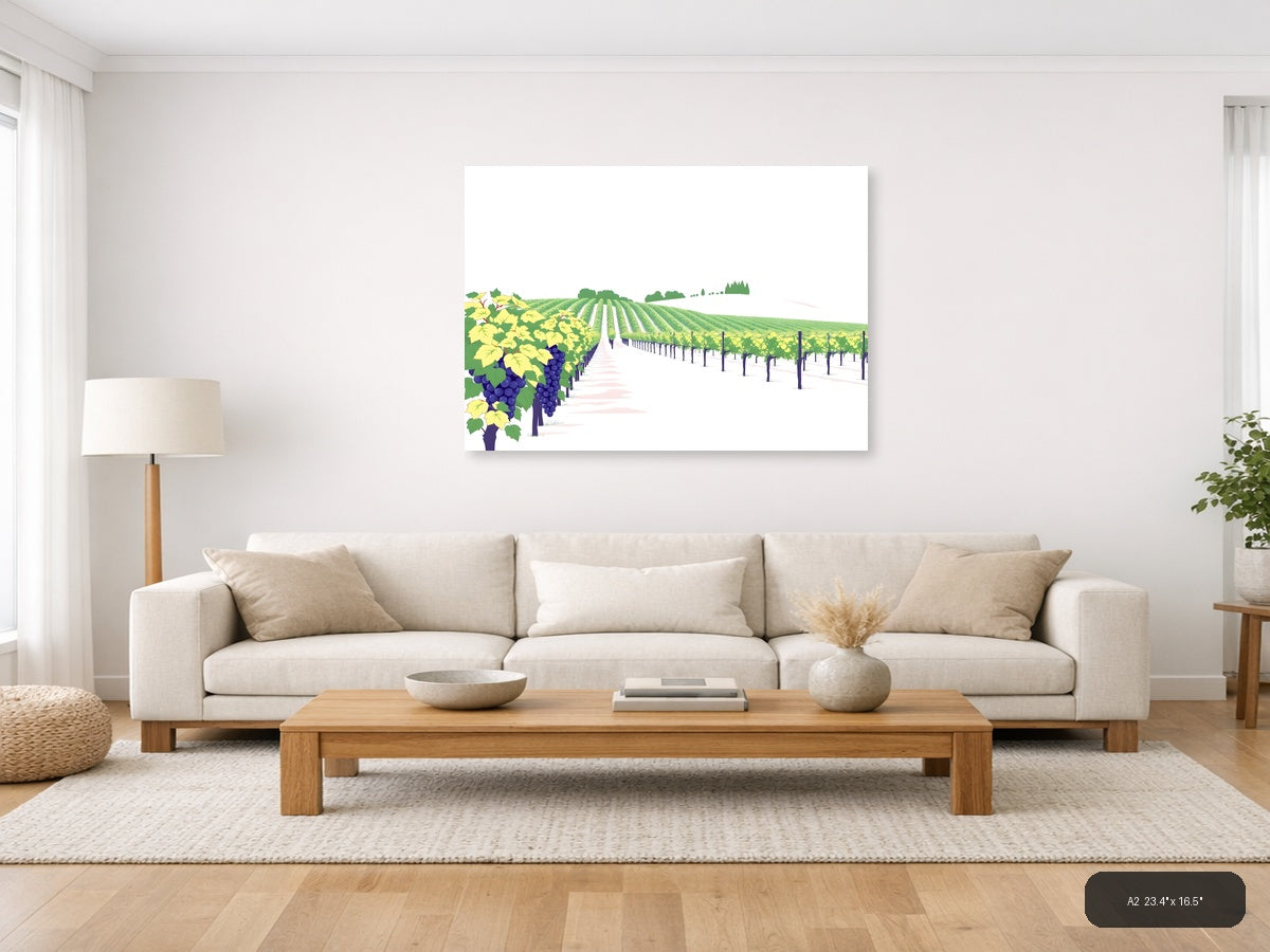 Minimalist Vineyard Landscape with Purple Grapes Wall Art — A2 / Living Room