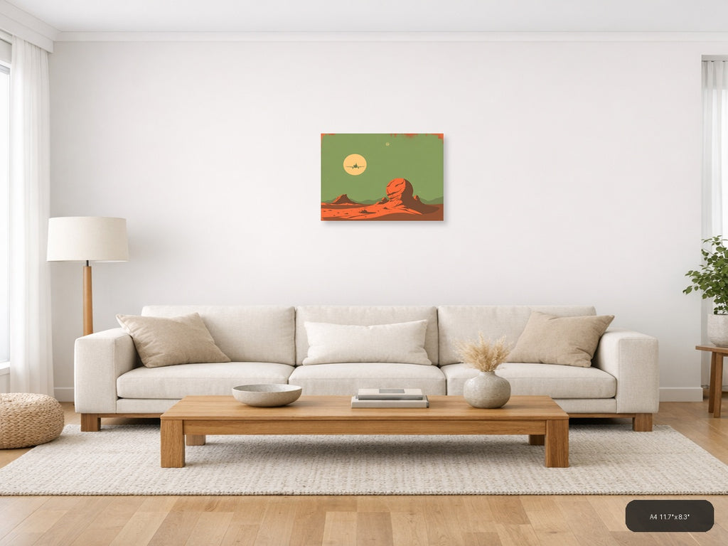 Vintage Mars Landscape Aircraft Silhouette Wall Art — A4 / Living Room