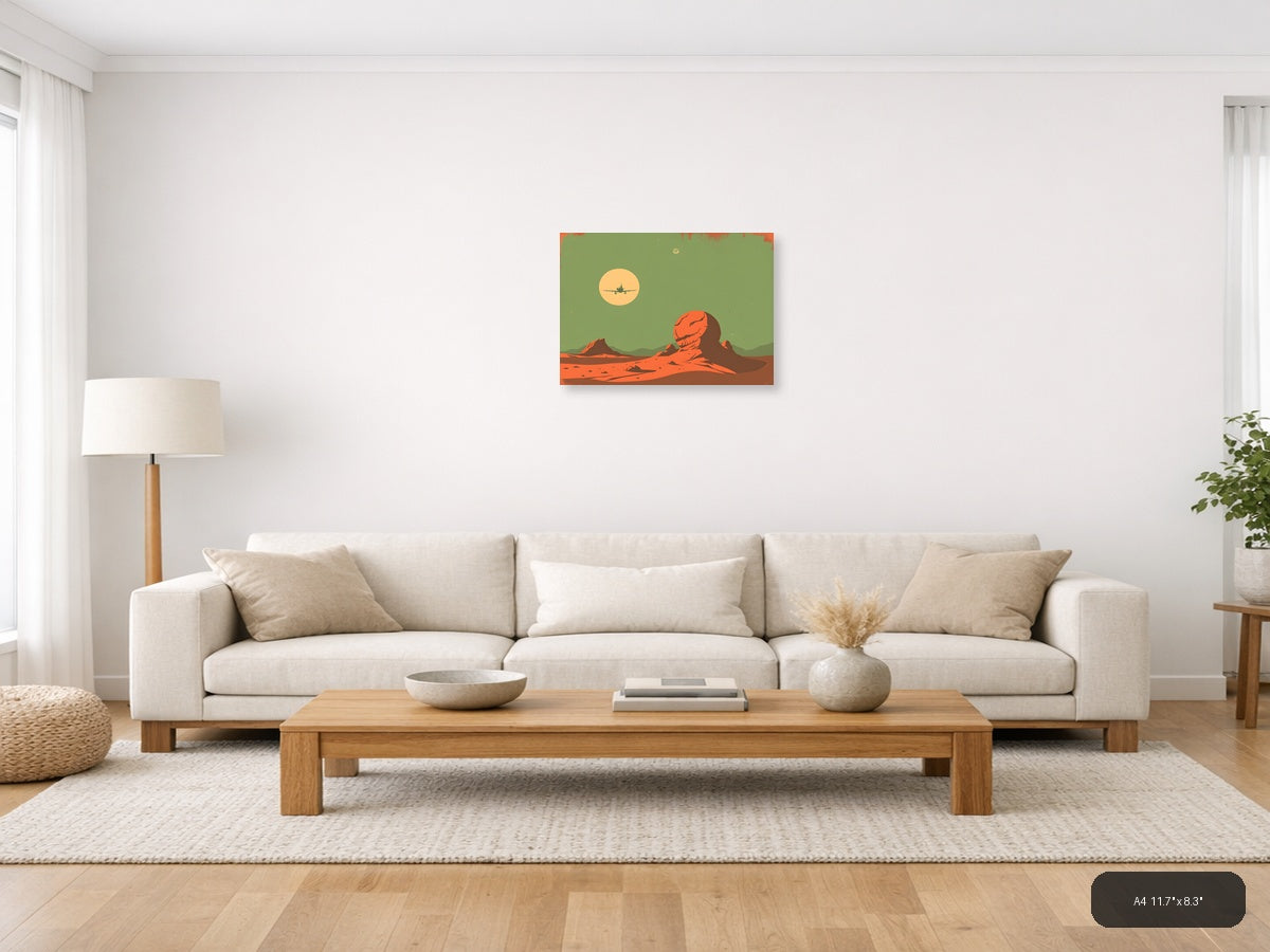 Vintage Mars Landscape Aircraft Silhouette Wall Art — A4 / Living Room