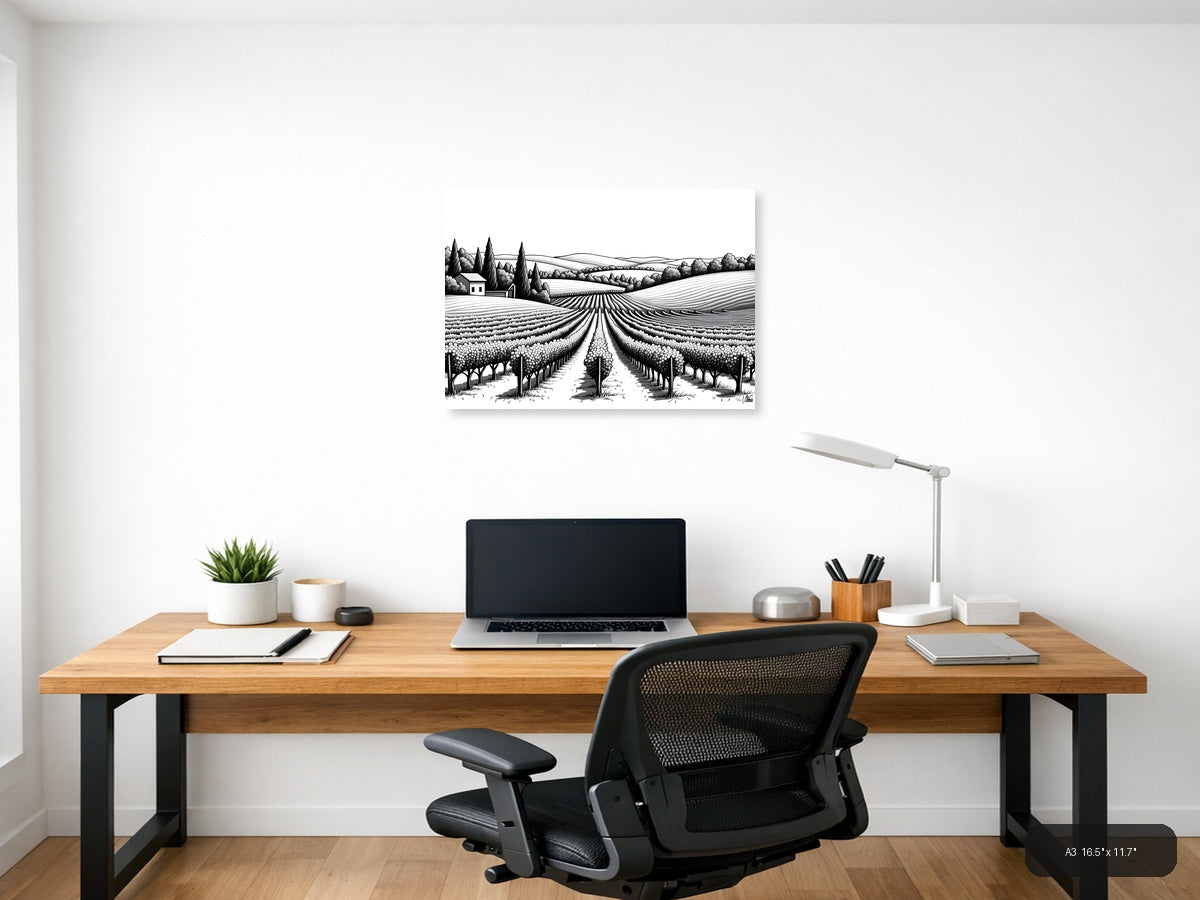 Tuscan Vineyard Landscape Line Art Wall Art — A3 / Office
