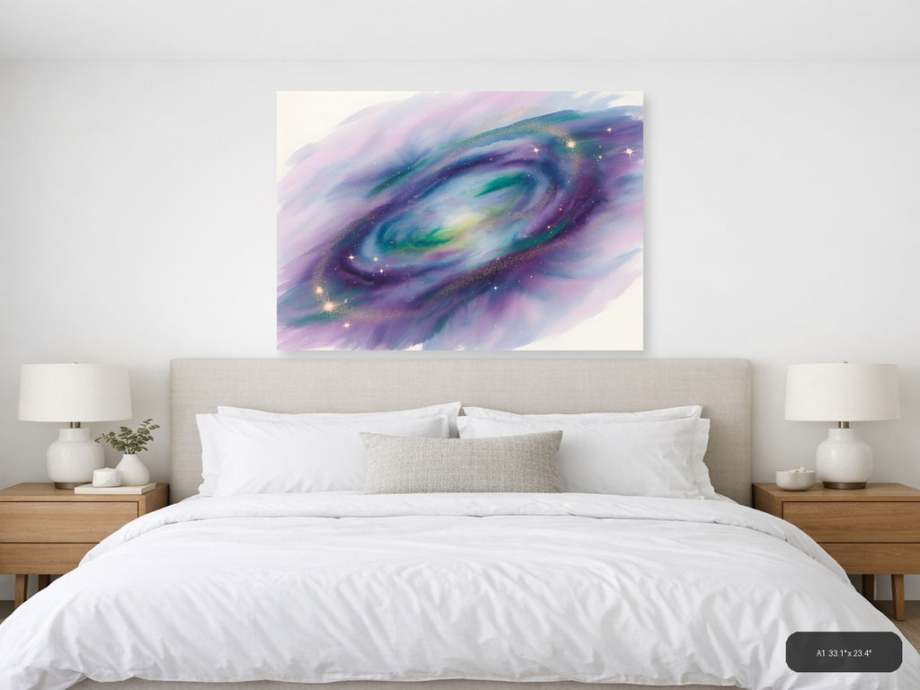 Cosmic Galaxy Watercolor Swirl Purple Green Wall Art — A1 / Bedroom