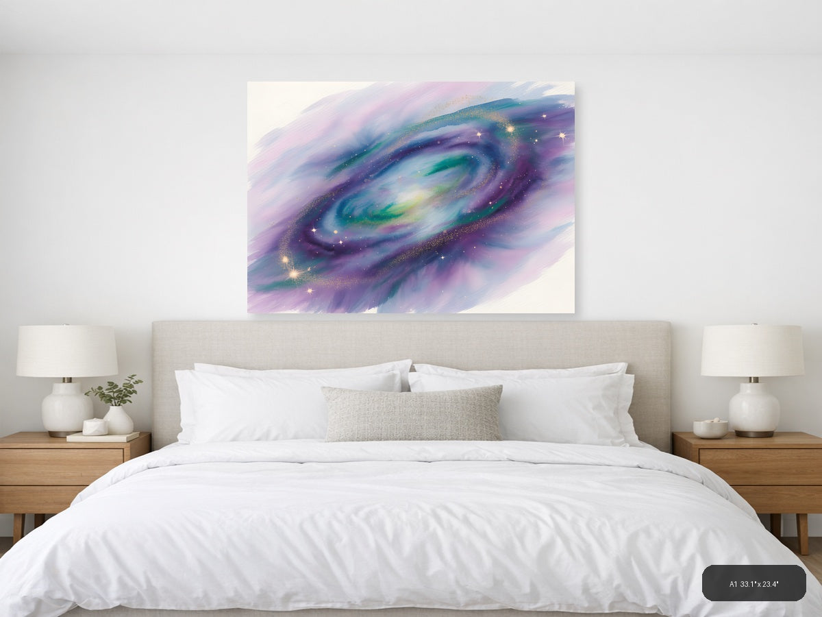 Cosmic Galaxy Watercolor Swirl Purple Green Wall Art — A1 / Bedroom