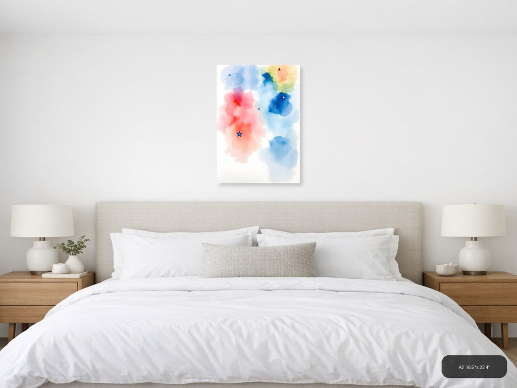 Abstract Watercolor Map with Stars Wall Art — A2 / Bedroom