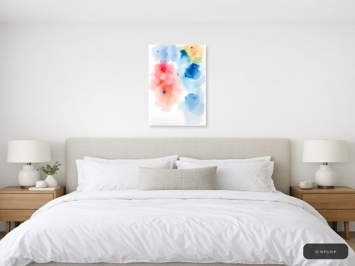 Abstract Watercolor Map with Stars Wall Art — A2 / Bedroom