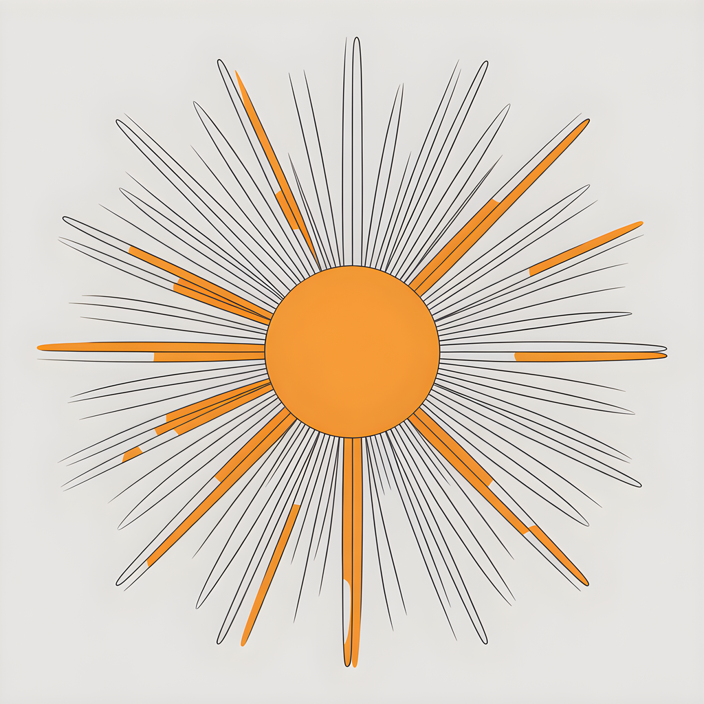 Golden Sun Line Art with Orange Rays Wall Art