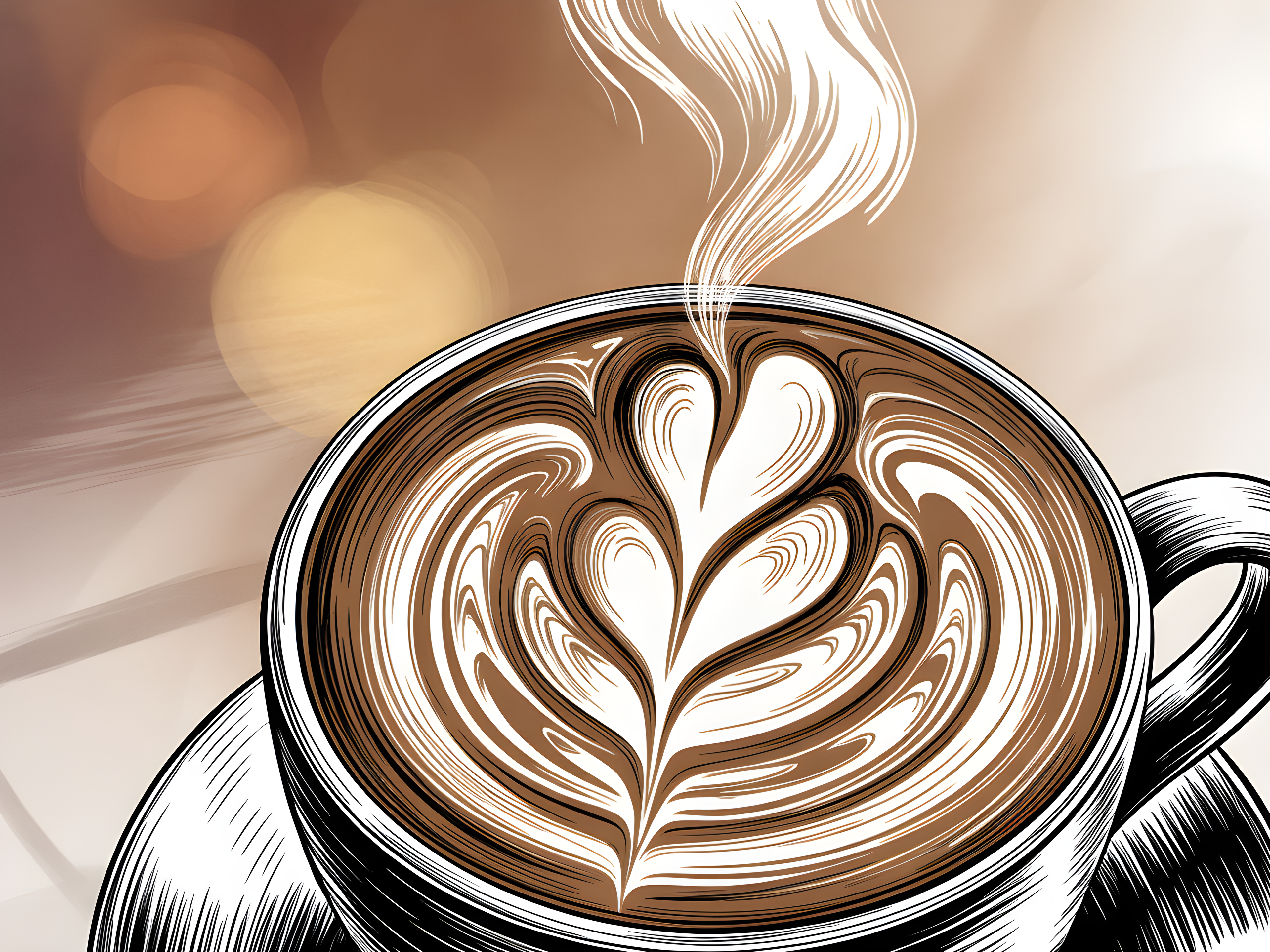 Latte Art Line Art - Coffee Cup with Heart Design Wall Art