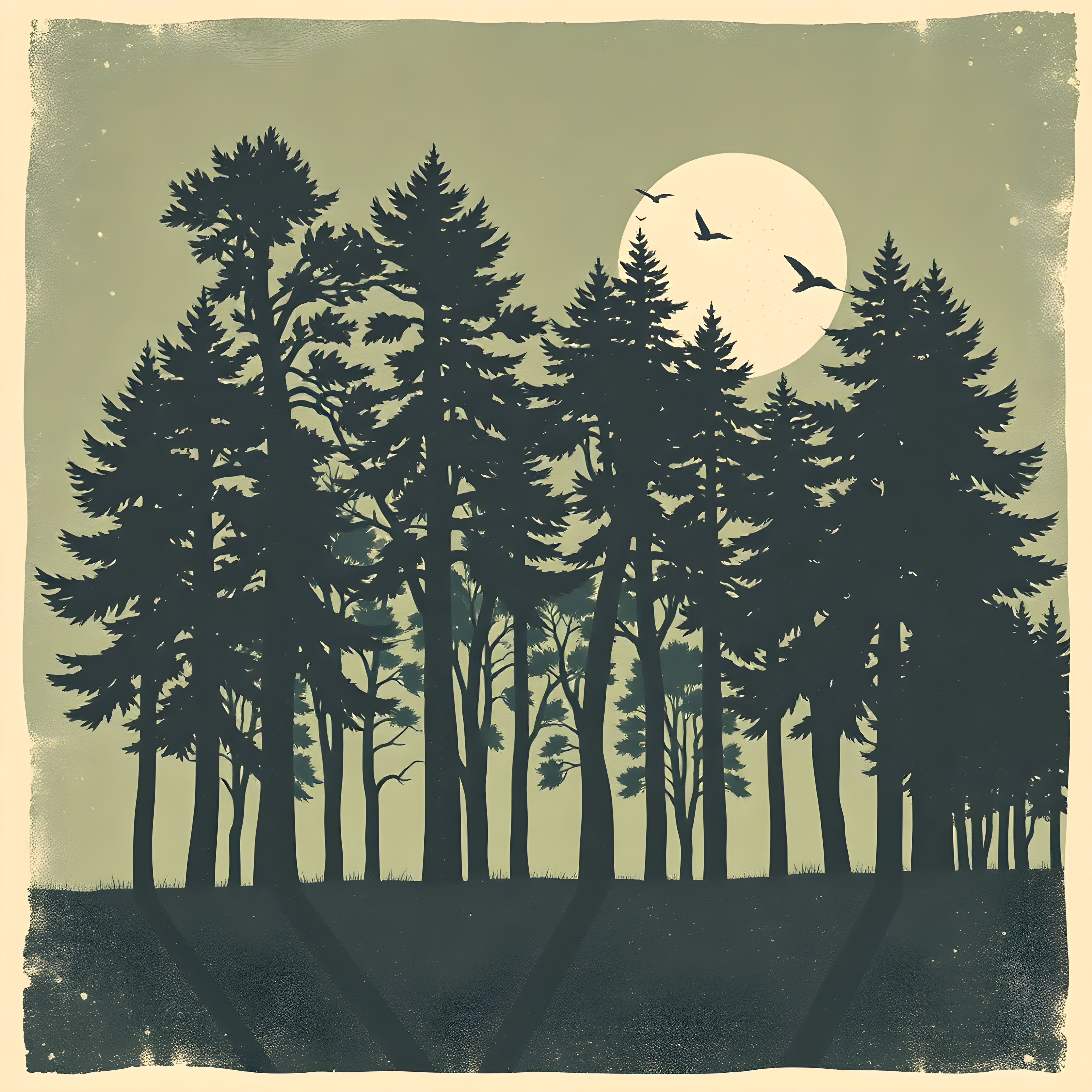 Vintage Forest Moon Silhouette Wall Art