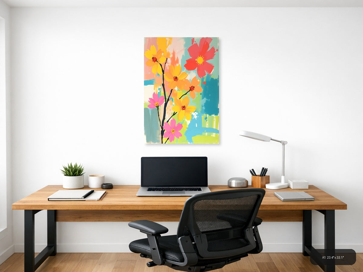 Colorful Abstract Flowers on Branch Portrait Wall Art — A1 / Office