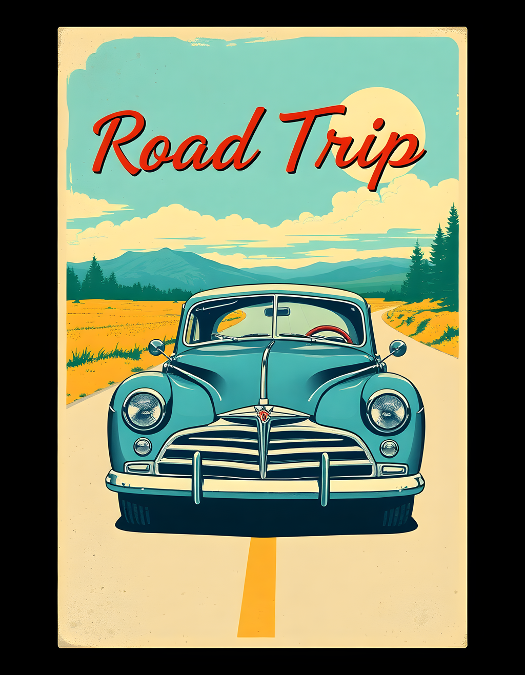 Vintage Road Trip Car Poster - Retro Travel Wall Art