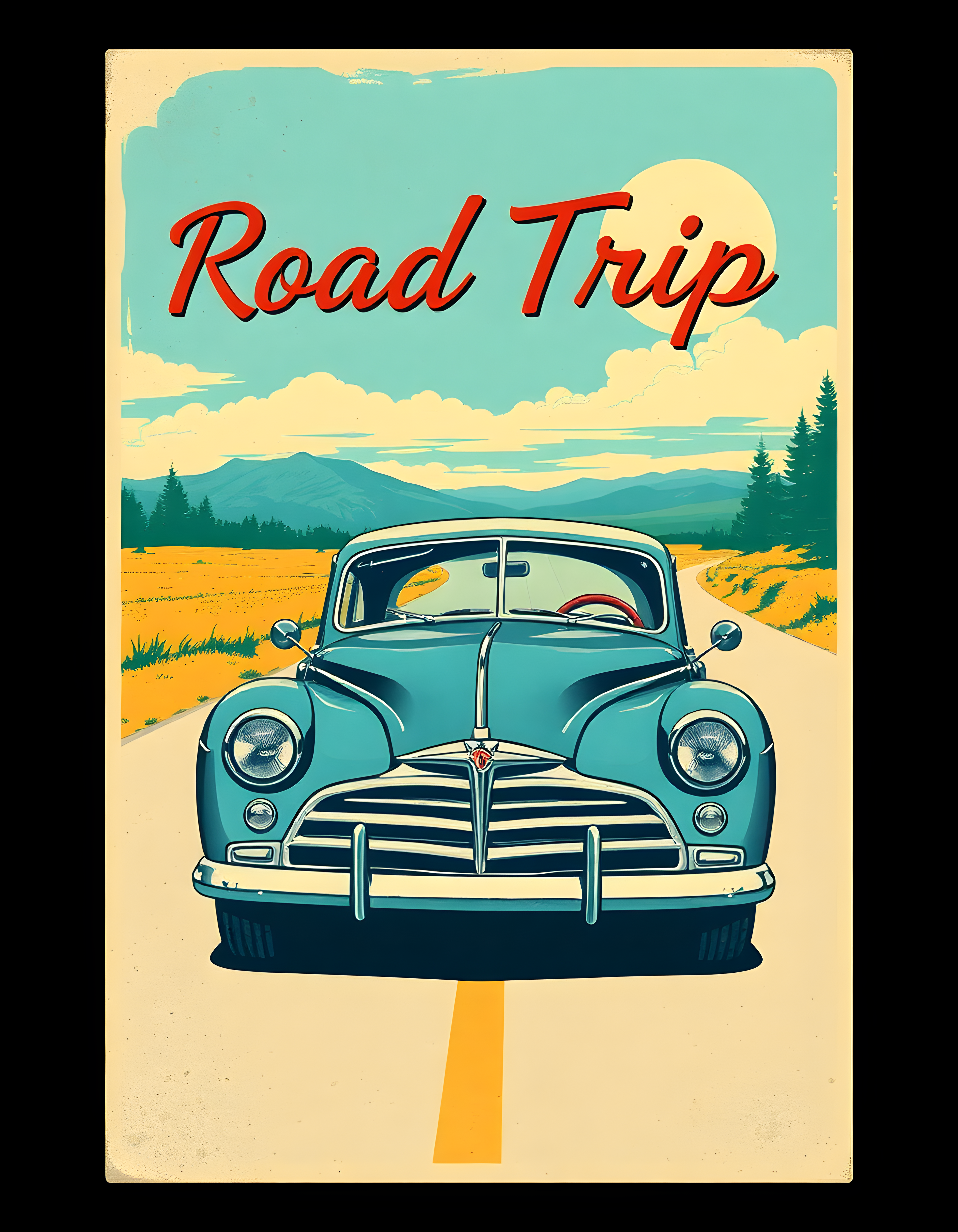 Vintage Road Trip Car Poster - Retro Travel Wall Art