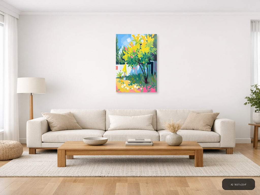 Vibrant Garden Oasis Abstract Yellow Flowers Wall Art — A2 / Living Room