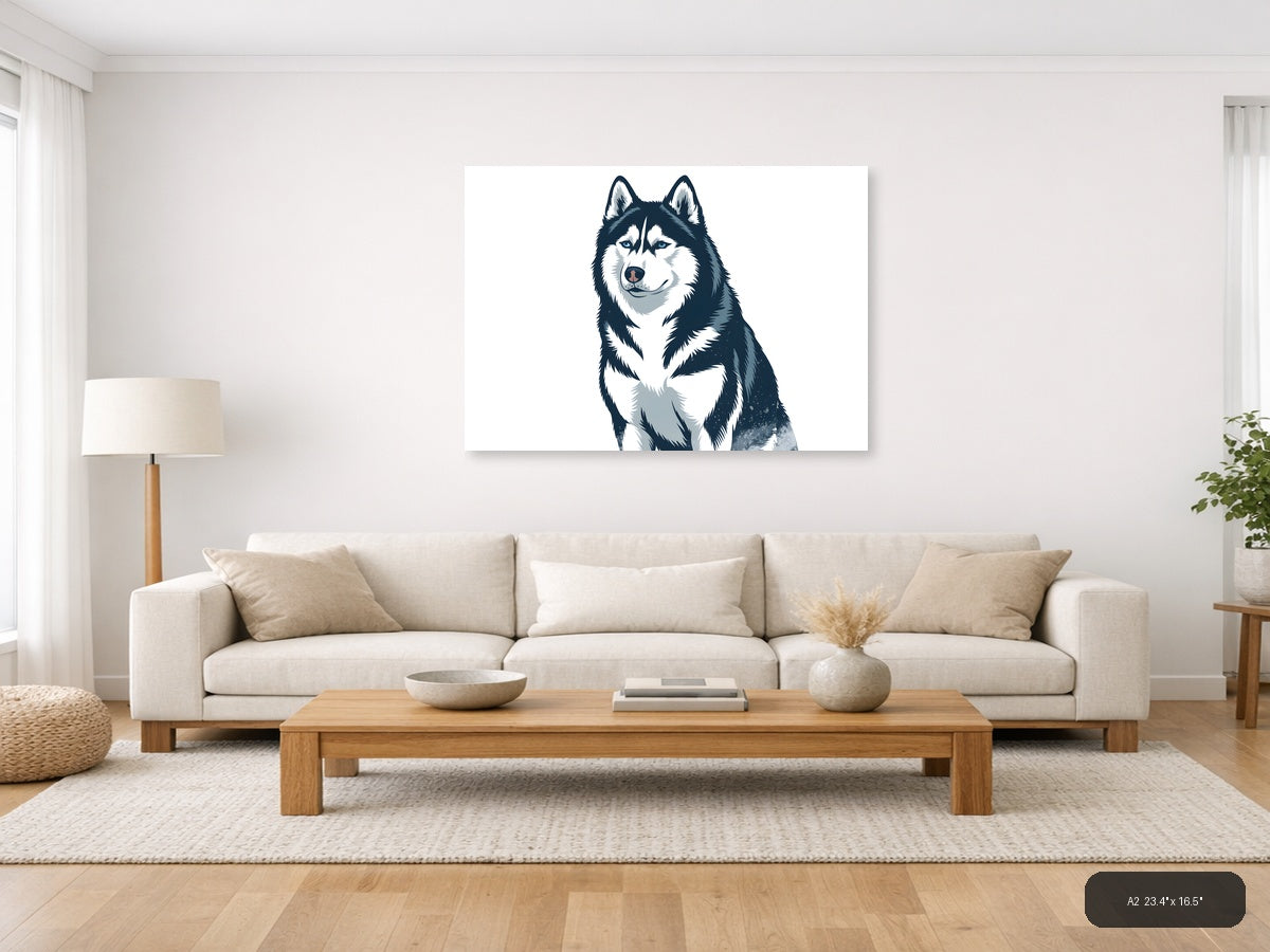 Husky Portrait Minimalist Black and White Wall Art — A2 / Living Room
