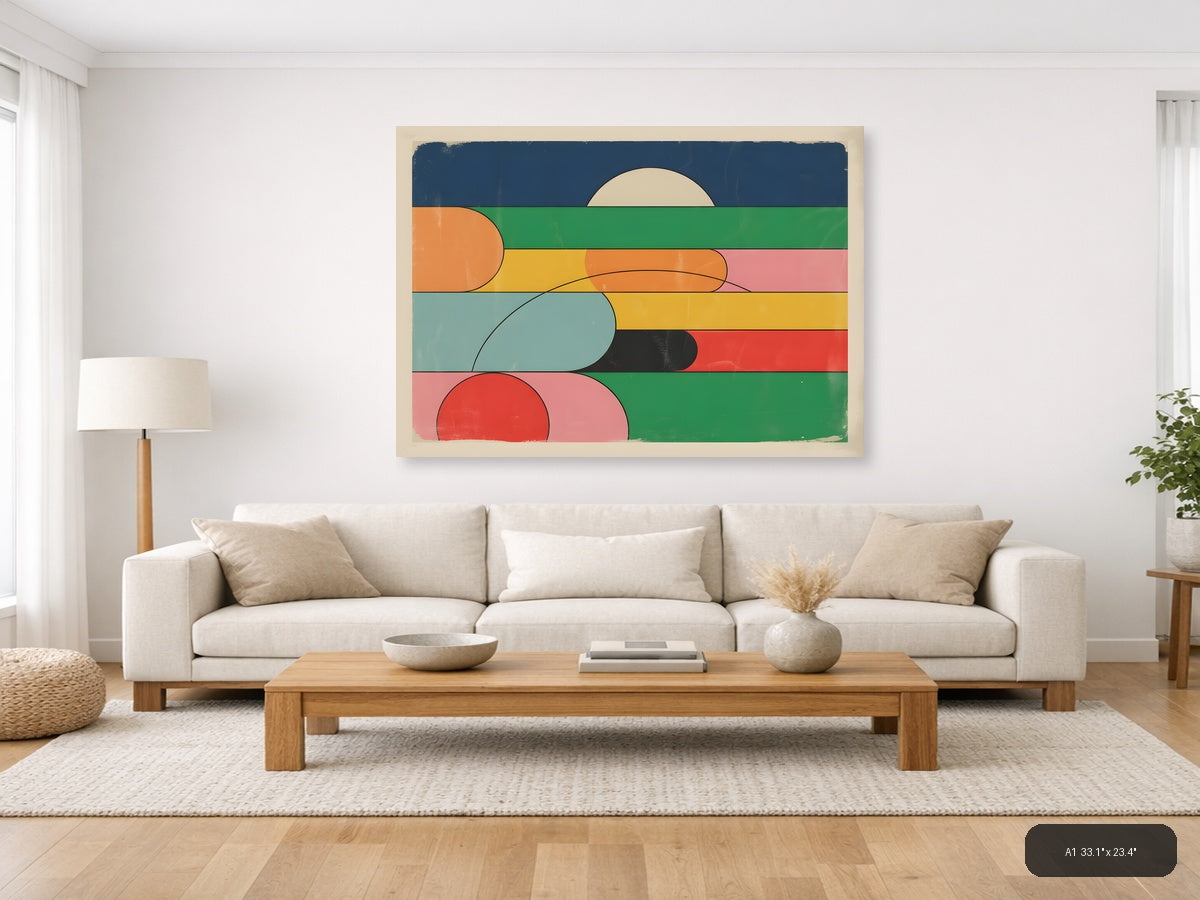Vintage Retro Geometric Landscape with Layered Circles Wall Art — A1 / Living Room