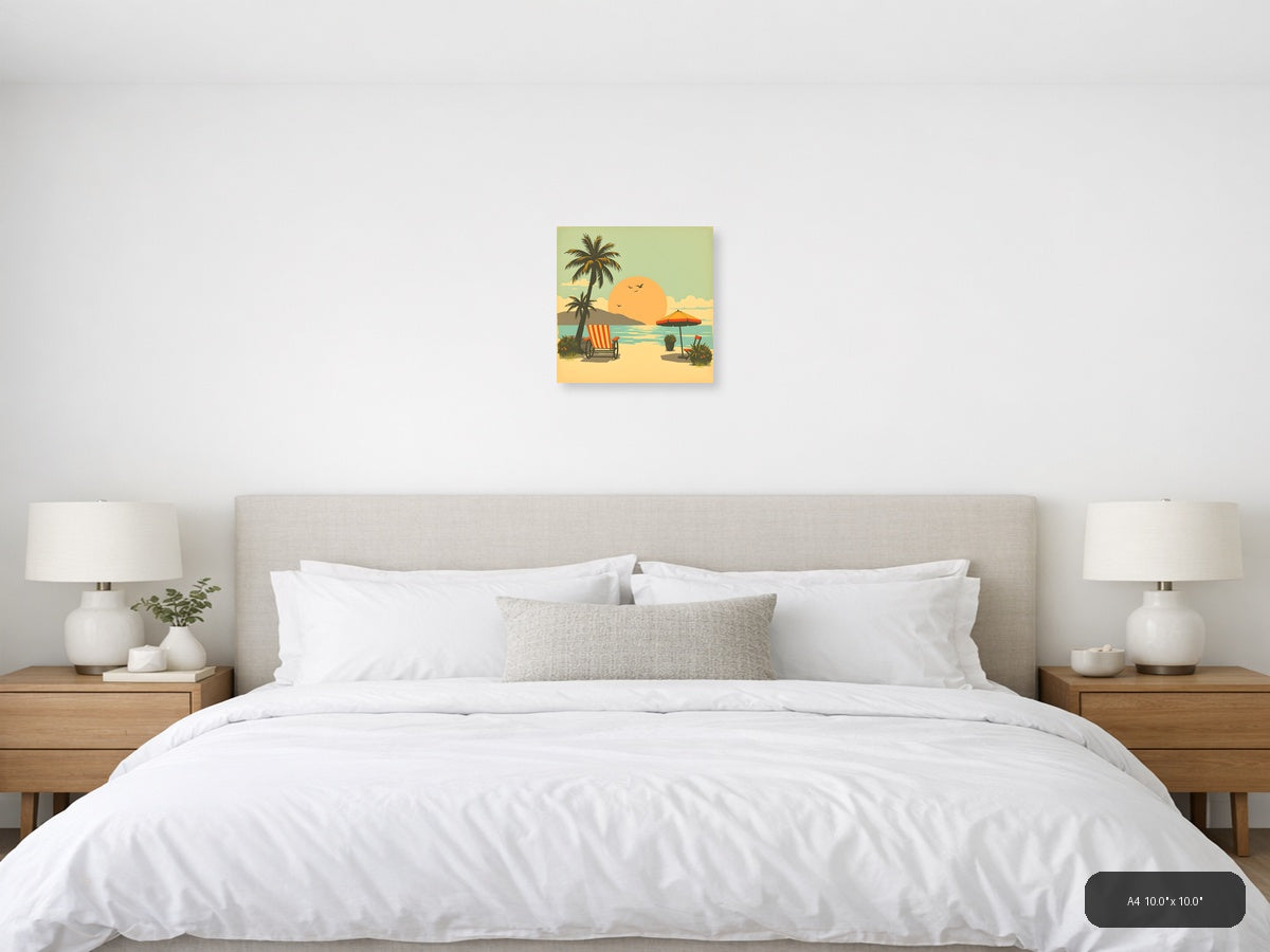 Vintage Beach Sunset Palm Tree Scene Wall Art — A4 / Bedroom
