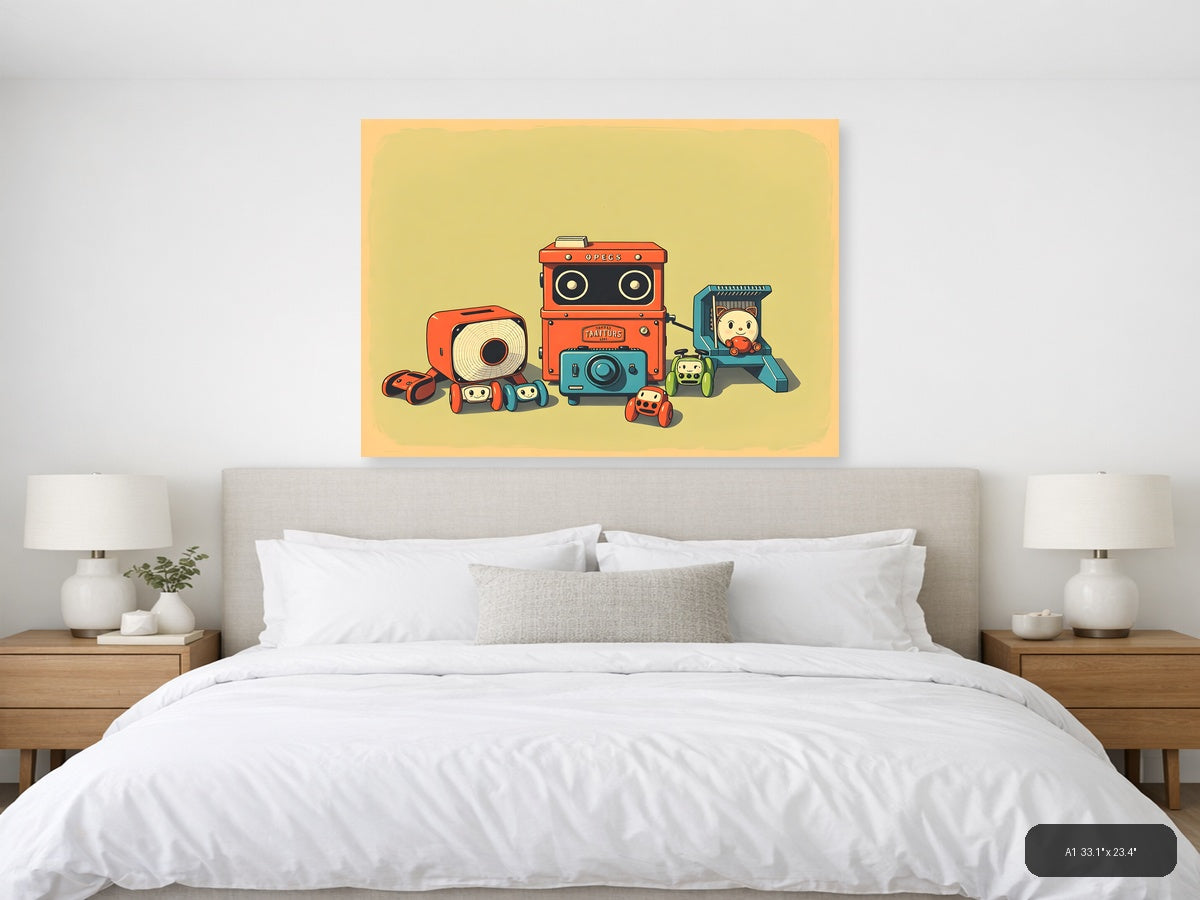 Vintage Robot Toys & Cameras Illustration Wall Art — A1 / Bedroom
