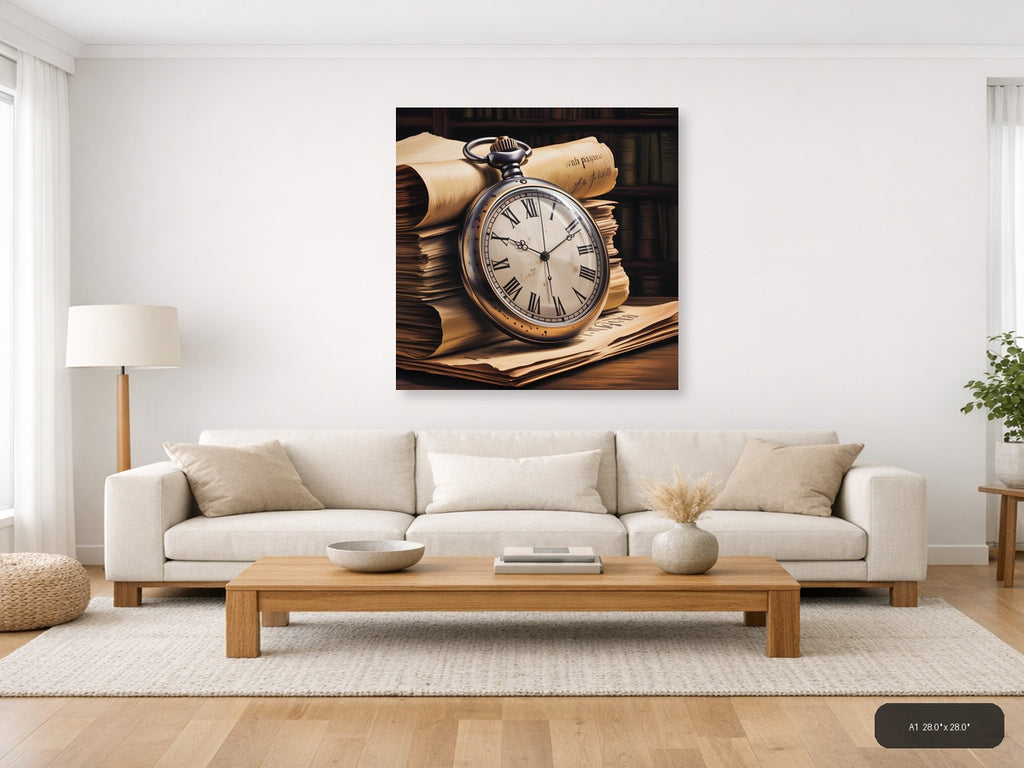 Vintage Pocket Watch & Books Stack Wall Art — A1 / Living Room