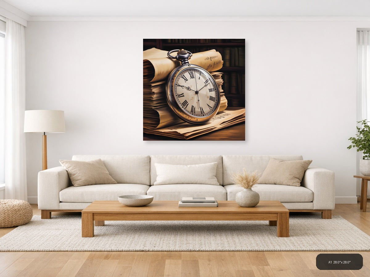 Vintage Pocket Watch & Books Stack Wall Art — A1 / Living Room