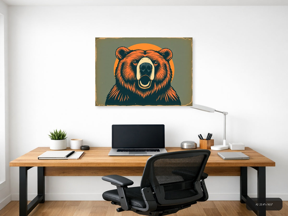 Vintage Bear Head Portrait Orange & Teal Wall Art — A2 / Office