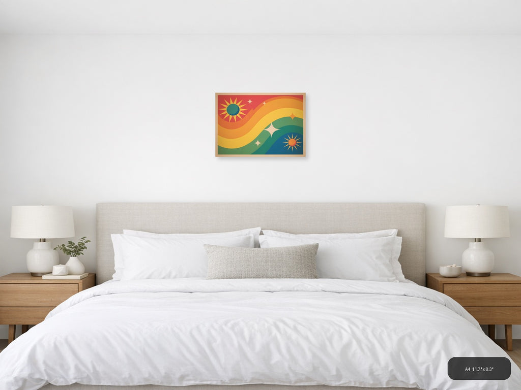 Vintage Sunset Landscape with Suns & Stars Wall Art — A4 / Bedroom