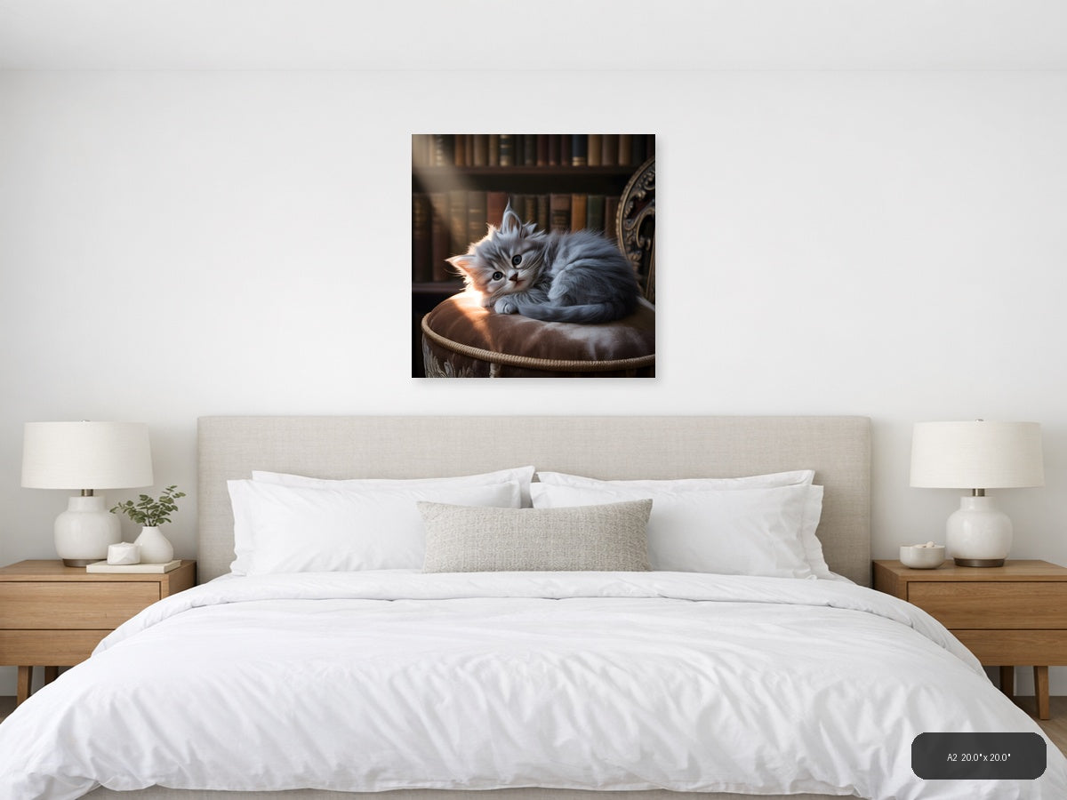 Fluffy Gray Kitten on Cushion Photography Wall Art — A2 / Bedroom