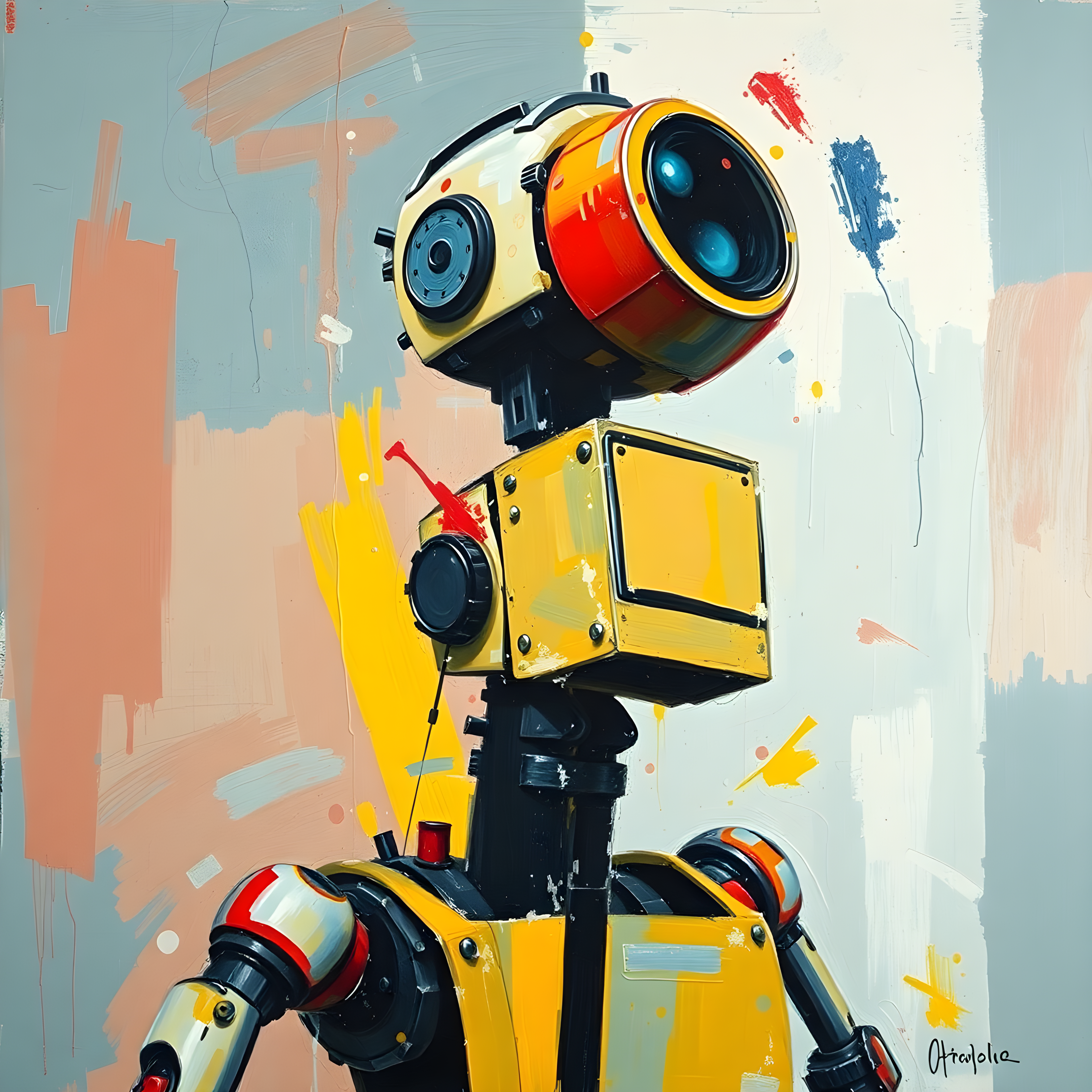 Abstract Yellow Robot Portrait Modern Wall Art