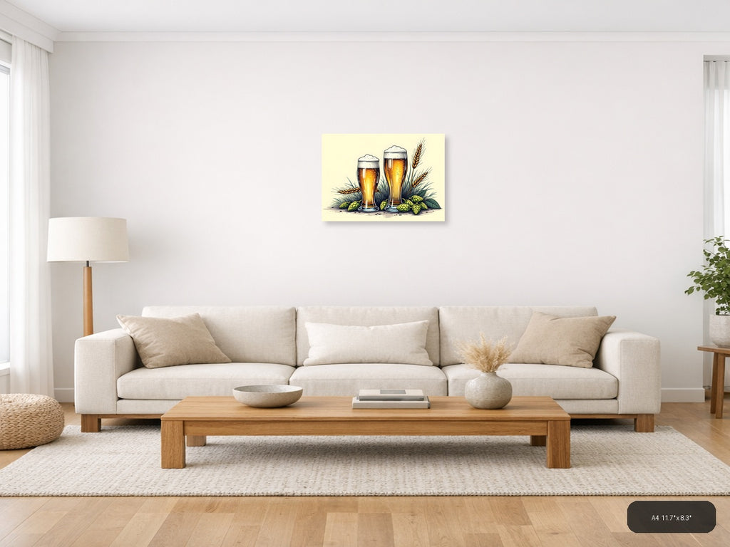 Beer Glasses with Hops and Wheat Line Art Wall Art — A4 / Living Room