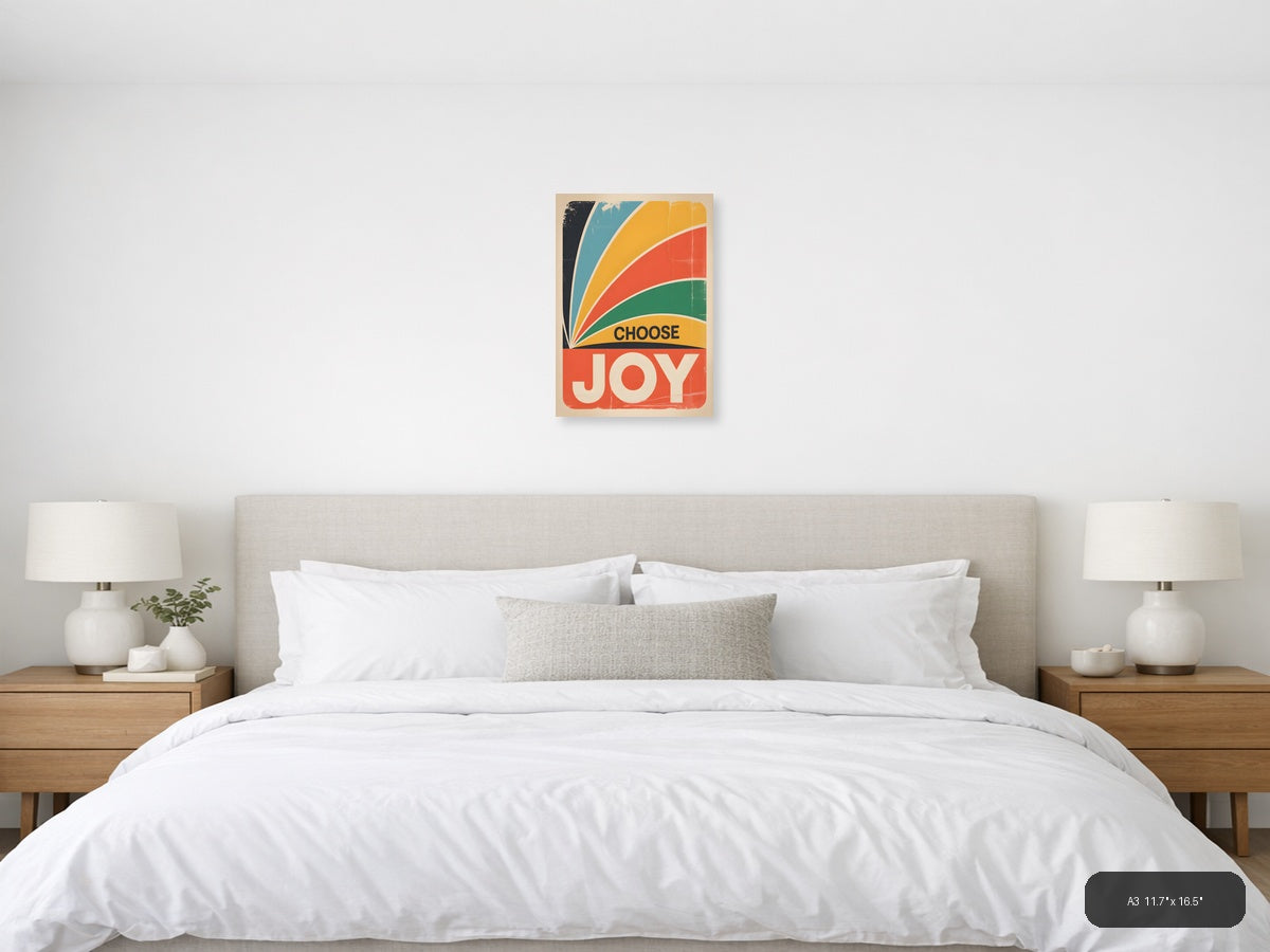 Choose Joy Vintage Retro Rainbow Burst Wall Art — A3 / Bedroom