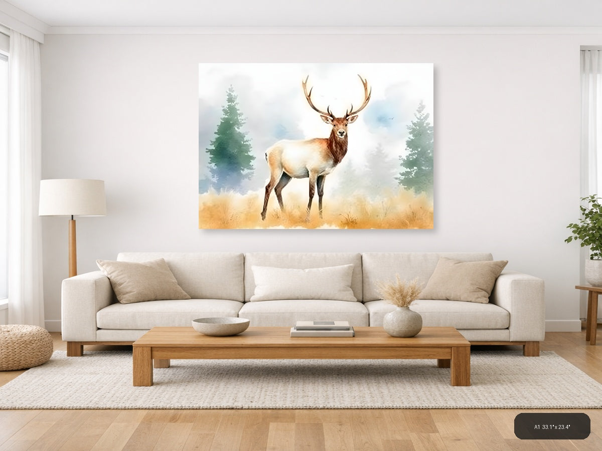 Majestic Elk in Forest Watercolor Wall Art — A1 / Living Room