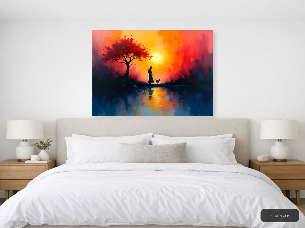 Sunset Woman with Dog & Red Tree Abstract Wall Art — A1 / Bedroom