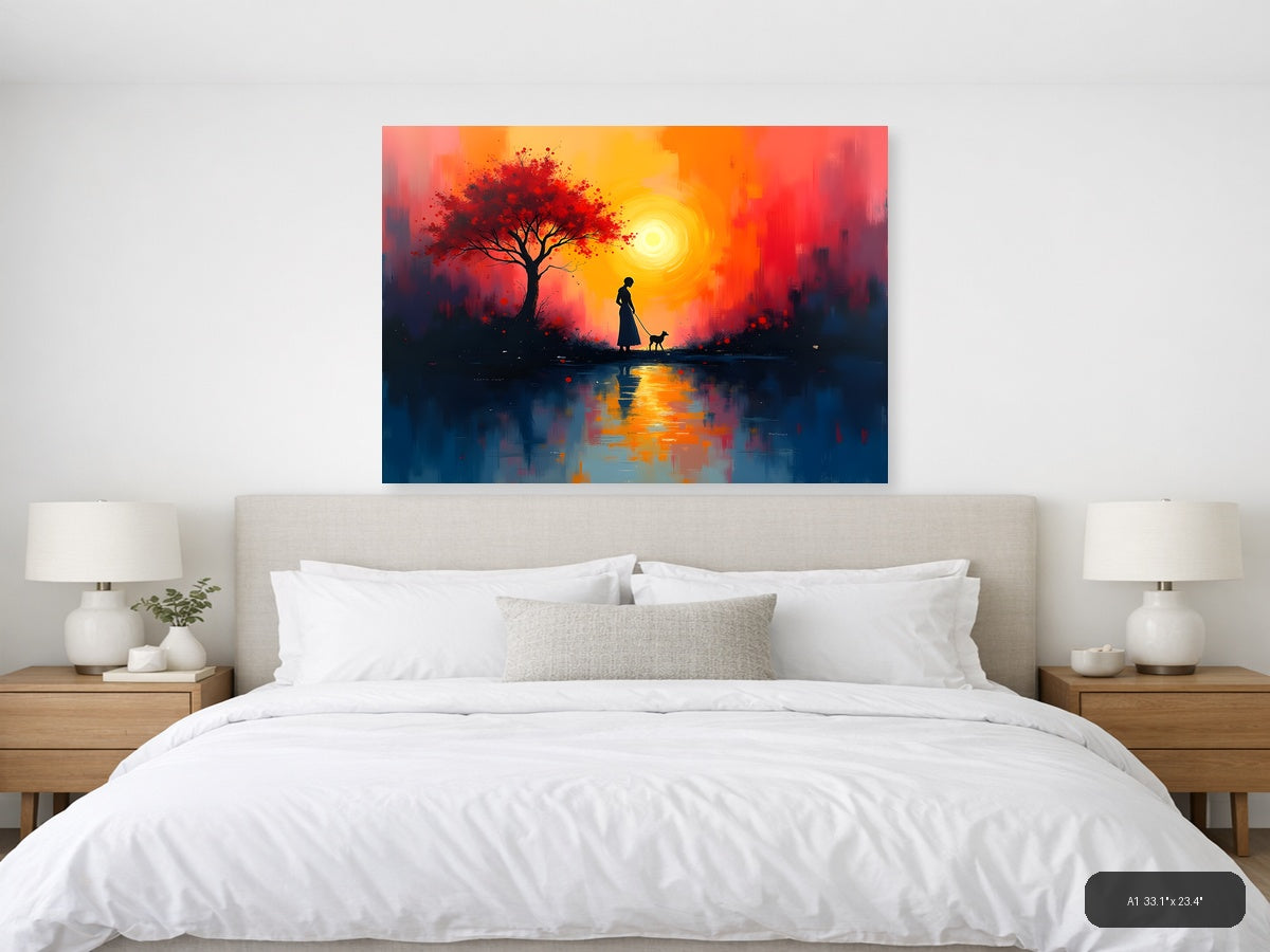 Sunset Woman with Dog & Red Tree Abstract Wall Art — A1 / Bedroom