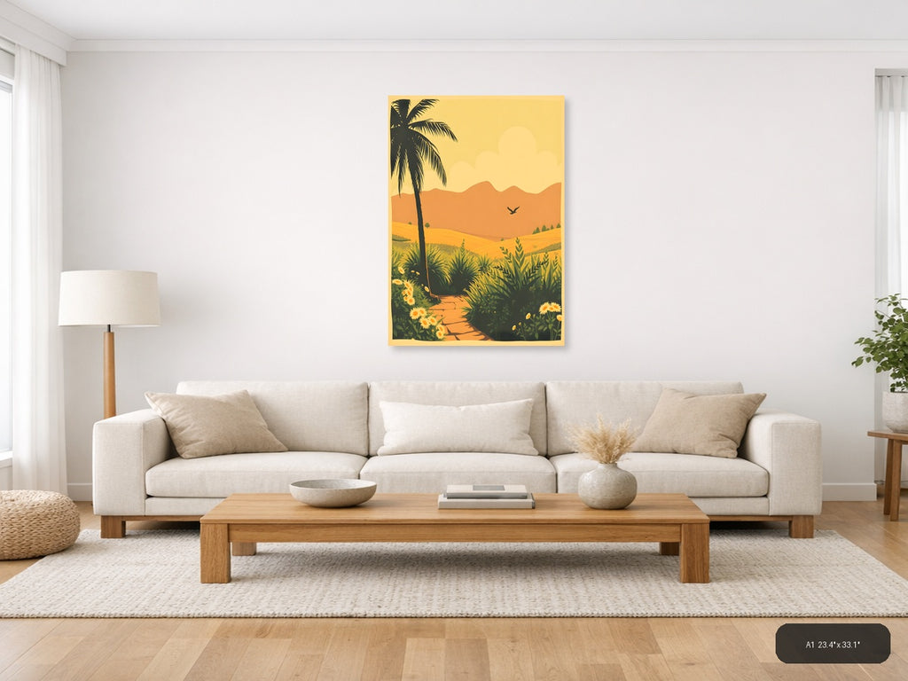 Vintage Desert Landscape with Palm Tree Wall Art — A1 / Living Room