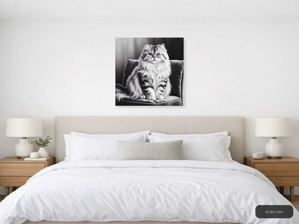 Majestic Fluffy Cat Portrait Black and White Wall Art — A2 / Bedroom
