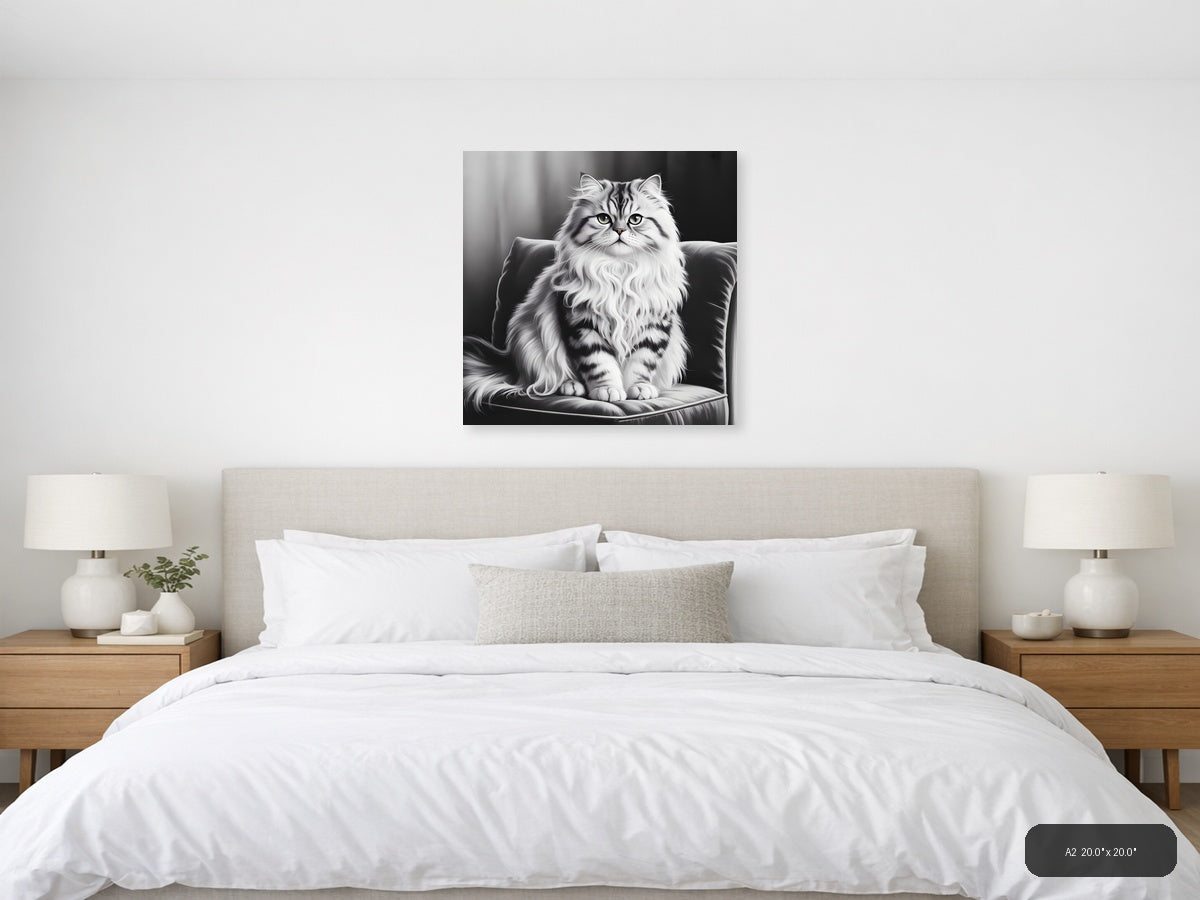 Majestic Fluffy Cat Portrait Black and White Wall Art — A2 / Bedroom