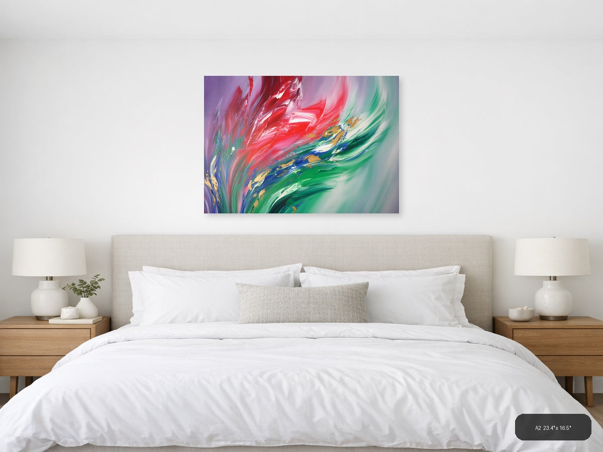 Red & Green Flowing Abstract Brushstroke Modern Wall Art — A2 / Bedroom