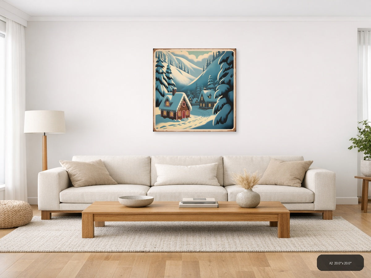 Vintage Gingerbread House Winter Mountain Scene Wall Art — A2 / Living Room