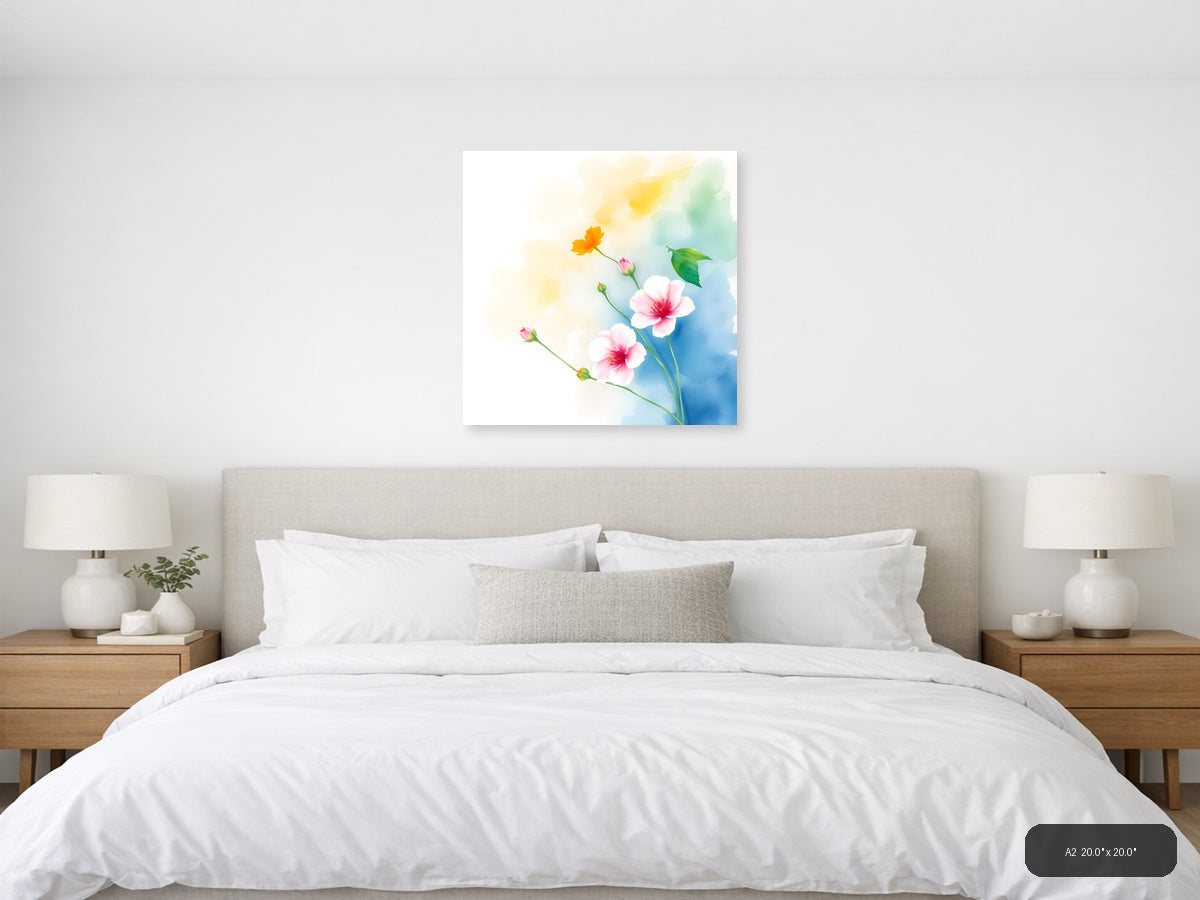 Watercolor Pink & Yellow Flowers on Blue Wall Art — A2 / Bedroom